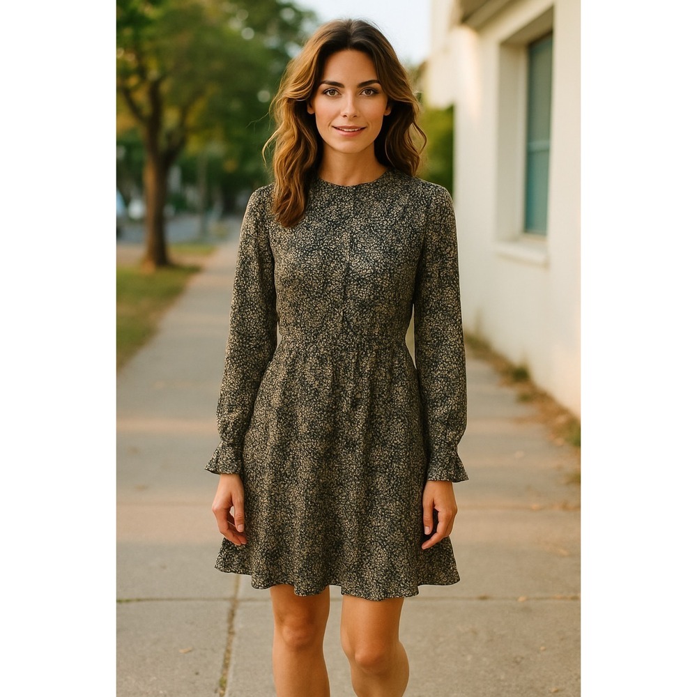 Popsugar Women's L Black Brown Mock Neck Mini Dress Ruffle Hem Casual Work